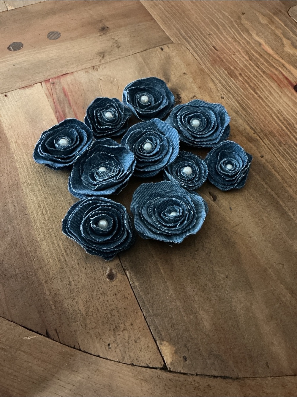 Hand Crafted Denim Blue Rolled Flower Embellishments with Pearl Centers